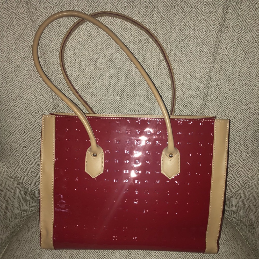 Red and tan Patent leather tote bag.